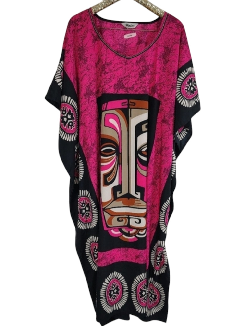 Modern Winlar Women's Pink Tribal Face Caftan One Size Boho Maximalism Beachy